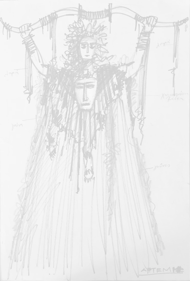 Σχέδιο του Γιώργου Πάτσα για το κοστούμι της Αρτέμιδος στην παράσταση του &quot;Ιππόλυτου] του Ευριπίδη στην Επίδαυρο σε σκηνοθεσία Σπύρου Α. Ευαγγελάτου (Εθνικό Θεάτρο, 1973)