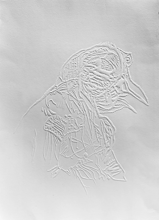 Η γυναίκα που έγινε πουλί, 2020-22, ξηρή εξώγλυφη εκτύπωση σε χαρτί Fabriano